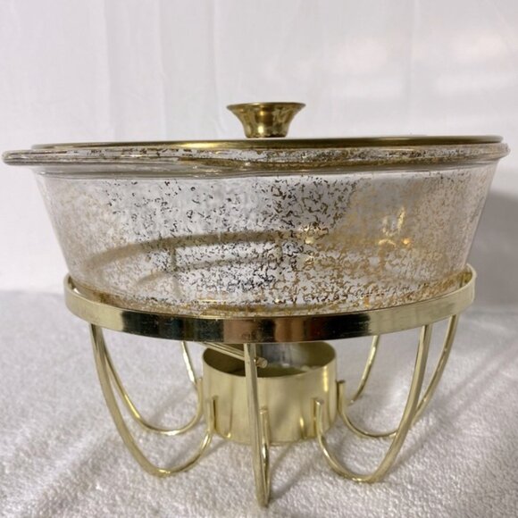 Vintage Anchor Hocking Fire King Gold Fleck Casserole & Stand Georges Briard Lid - Picture 5 of 15